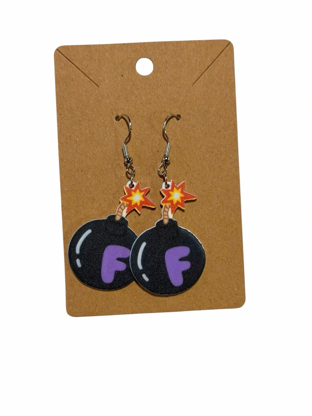Playful Bomb-Shaped Earrings with Purple Accent F bomb